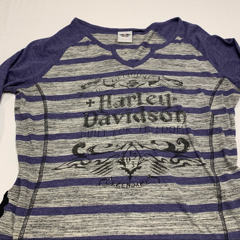 Harley Davidson Crochet Accent Long Sleeve Striped Shirt Measures Women’s Large - Picture 4 of 11